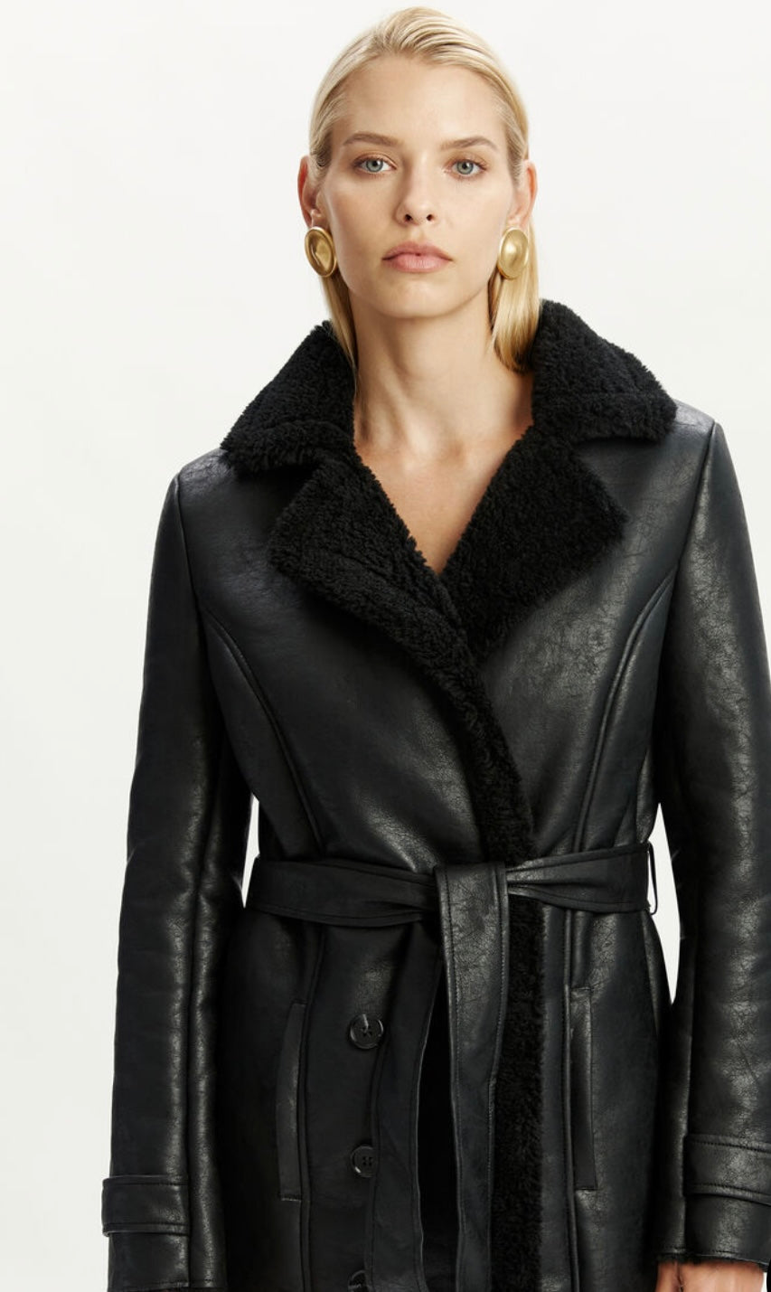 VEGAN LEATHER SHEARLING TRENCH COAT