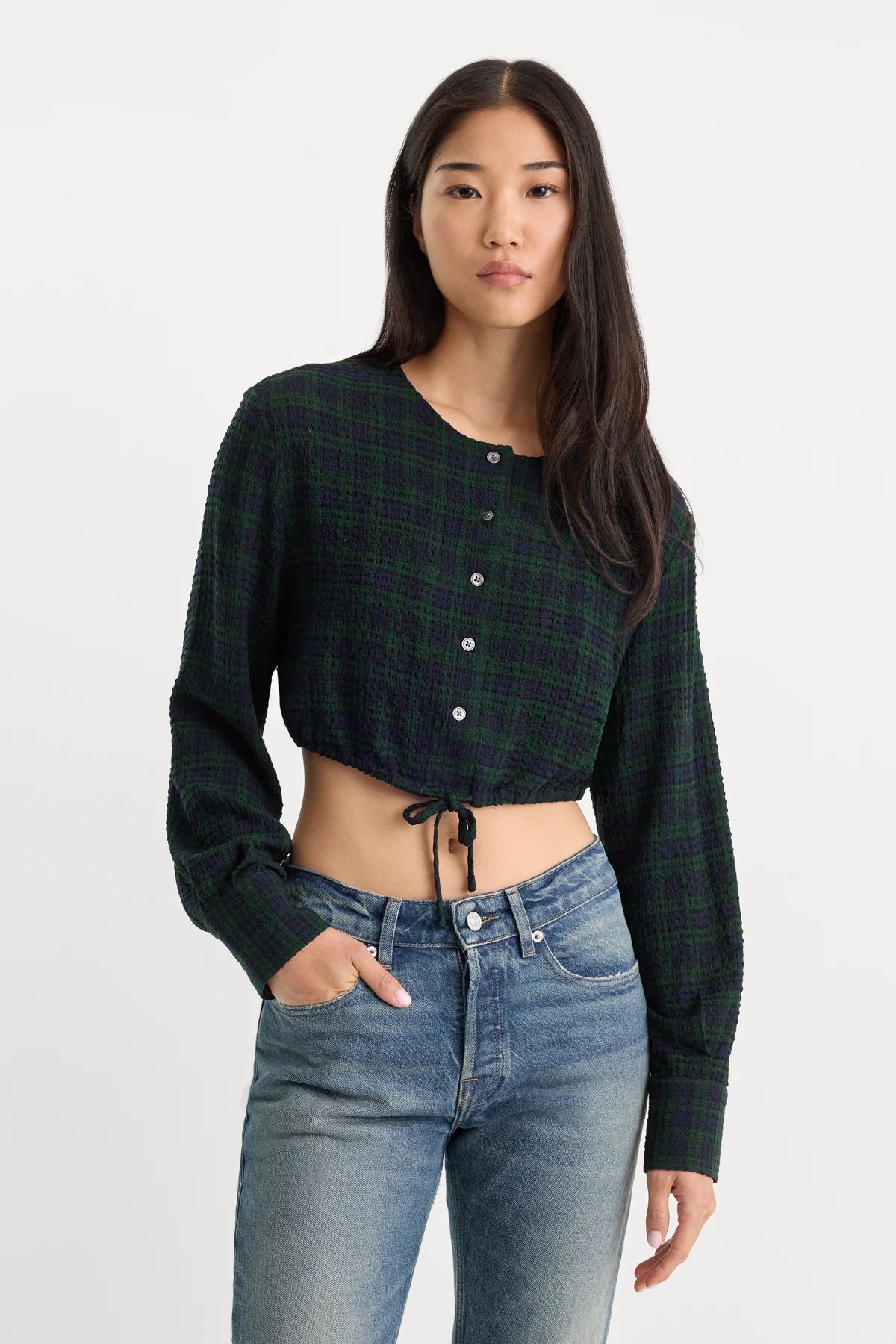 GOOD AMERICAN CRINKLE PLAID SHIRT