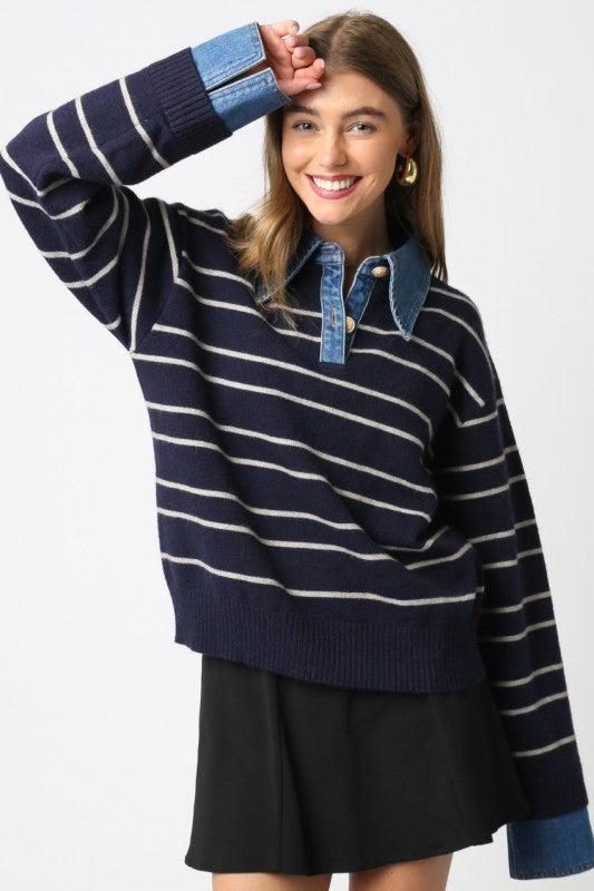 SOFIE STRIPE DENIM COMBO SWEATER