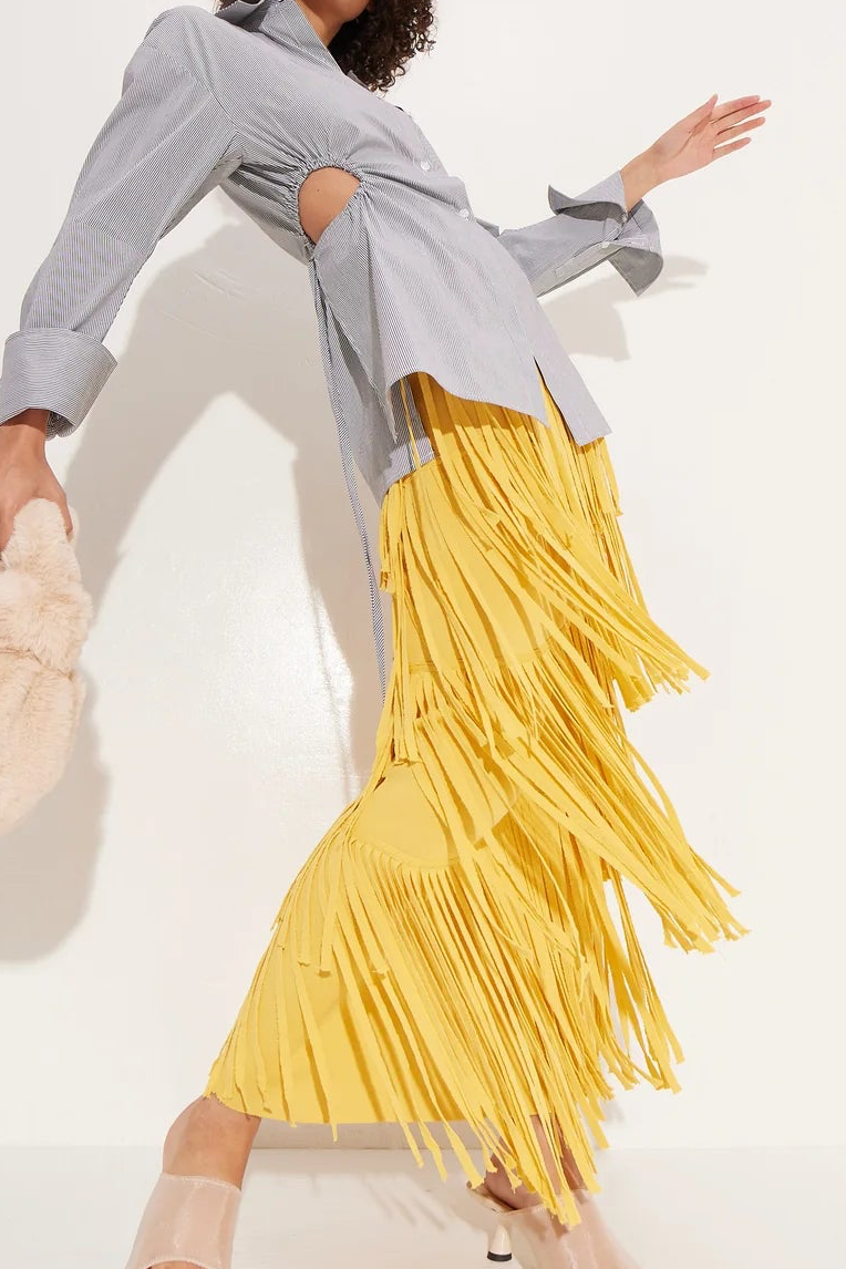 ZA KNIT FRINGE SKIRT IN BUTTER