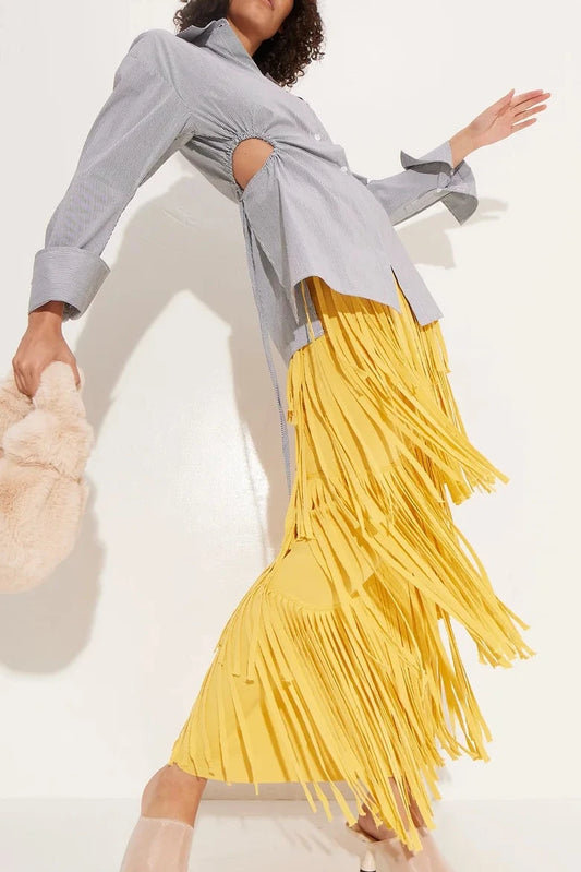 ZA KNIT FRINGE SKIRT IN BUTTER