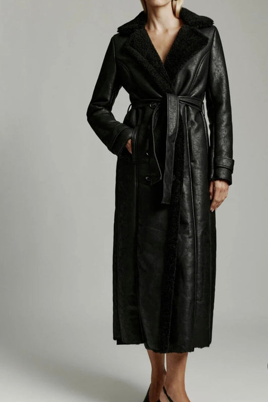 VEGAN LEATHER SHEARLING TRENCH COAT