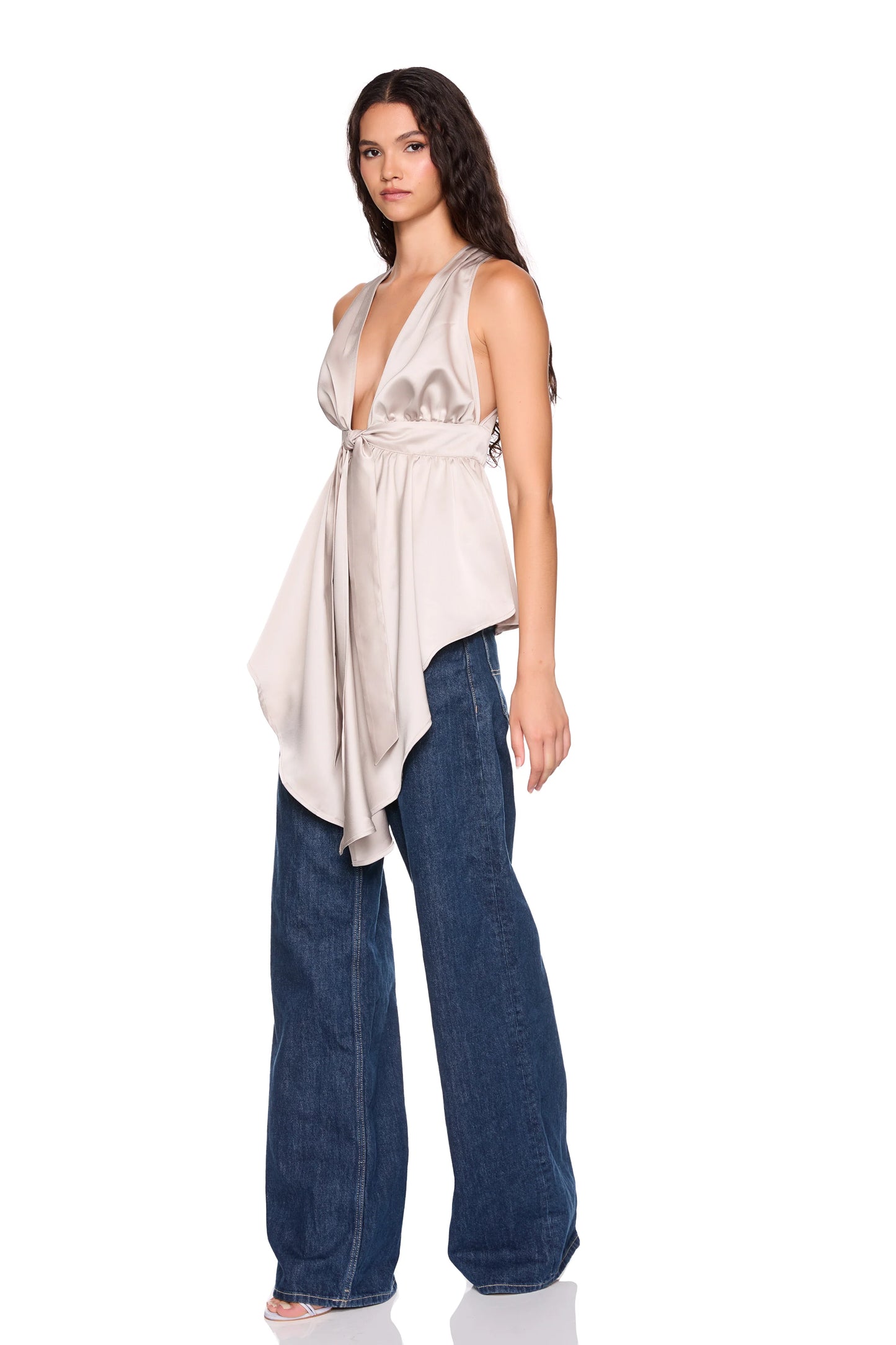 SATIN TIE PEPLUM HIGH LOW TOP