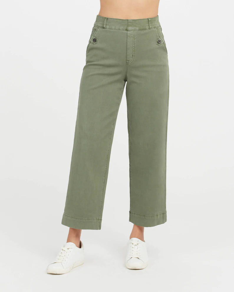 SPANX STRETCH TWILL CROPPED WIDE LEG PANT IN SOFT SAGE